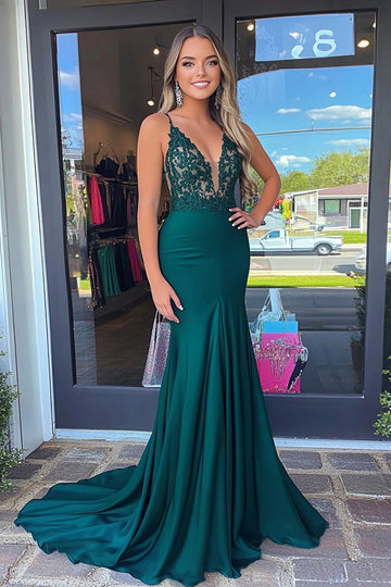 Dark Green Sheath Deep V-Neck Appliqued Satin Prom Dress